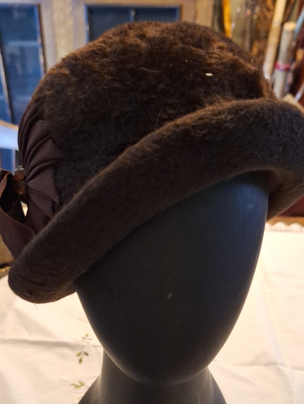 Brown Wool Felt Cloche Hat with Decorative Fabric Rosette - Picture 4 of 6